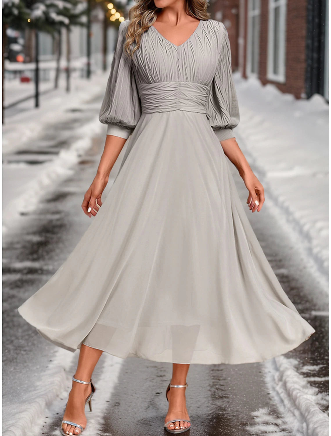 Vestido de fiesta para mujer, vestido de encaje, vestido de invitada de boda, vestido largo, vestido maxi, gris, manga 3/4, color puro, fruncido, primavera, otoño e invierno, cuello en V, moda